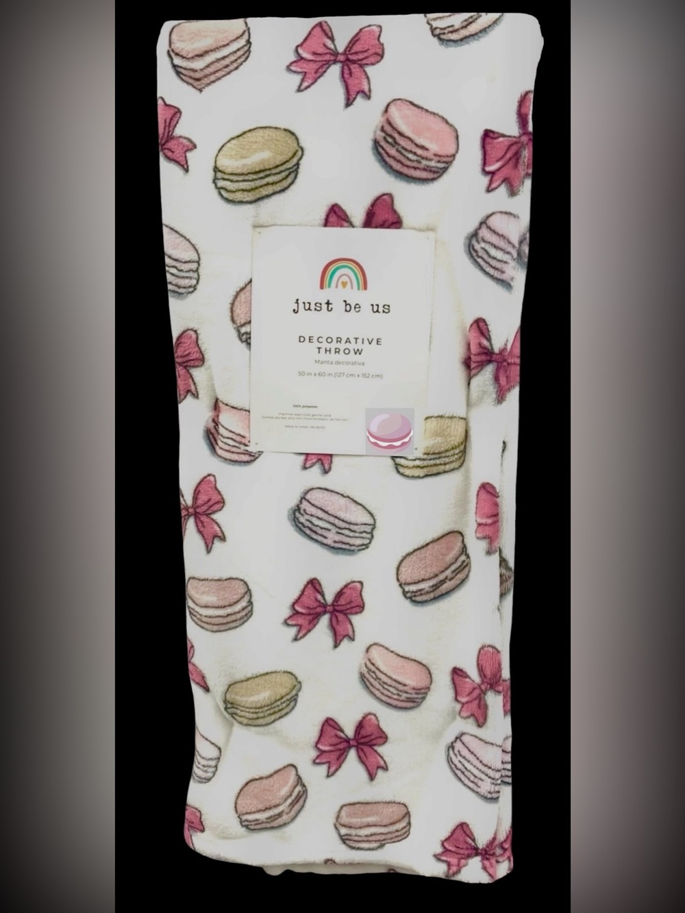 Macaroons & Bows Decorative Plush Throw White Pink Tan 50x60 Just Be Us NEW NWT